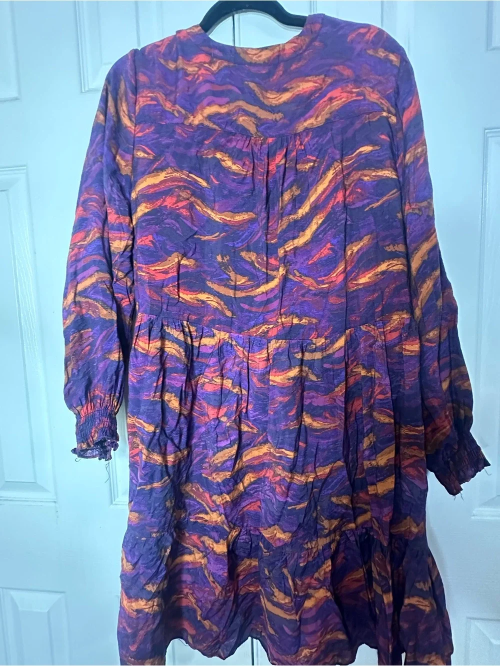 Terra & Sky 1X Purple Abstract Print Tiered Midi Dress Long Sleeve